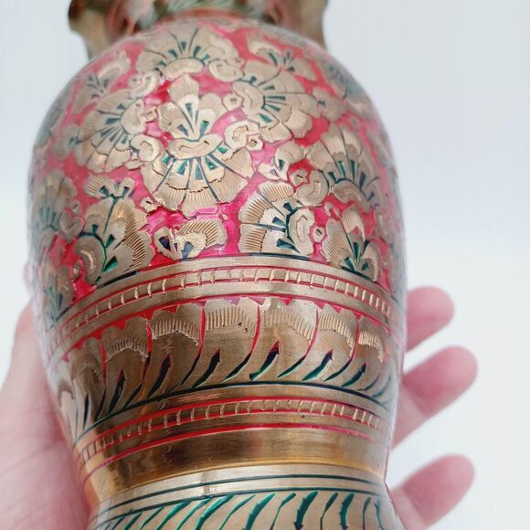 Vintage Etched Brass Vase Ornate Engraved Brass India Red Detail 8.5in - Picture 8 of 8
